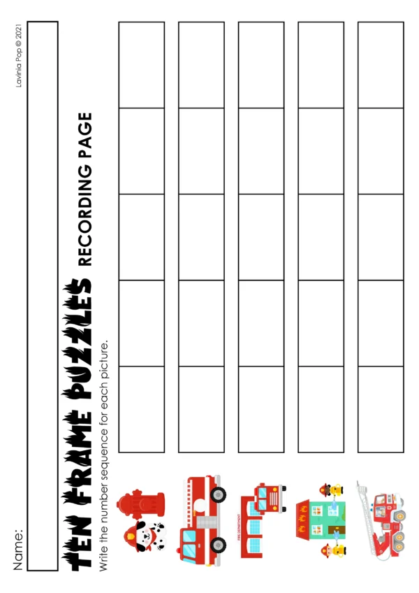 Firefighter Ten Frame Puzzles Printable Activity | Math Center for Kindergarten