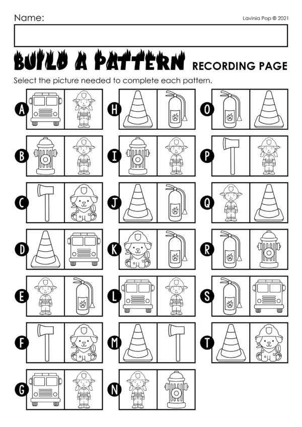 Firefighter Build a Pattern Printable Activity | Math Center for Kindergarten