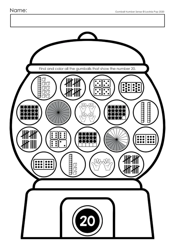 Number Sense Gumball Dab Worksheets for numbers 0-20