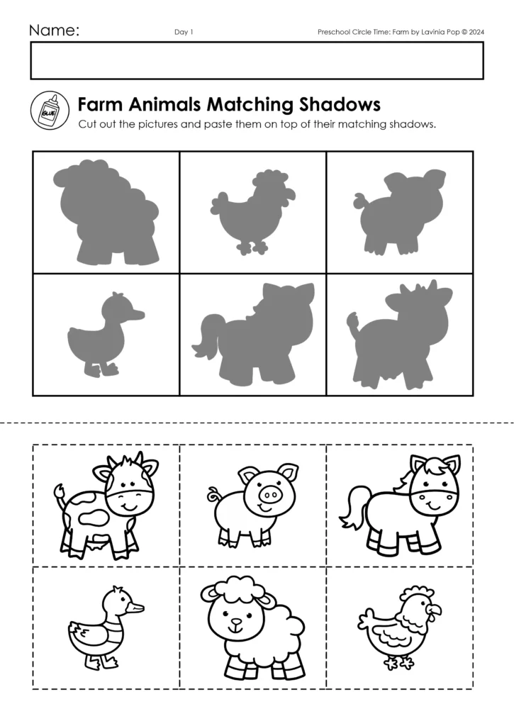 Farm Preschool Circle Time Printables and Activities | Farm Animals Shadow Match