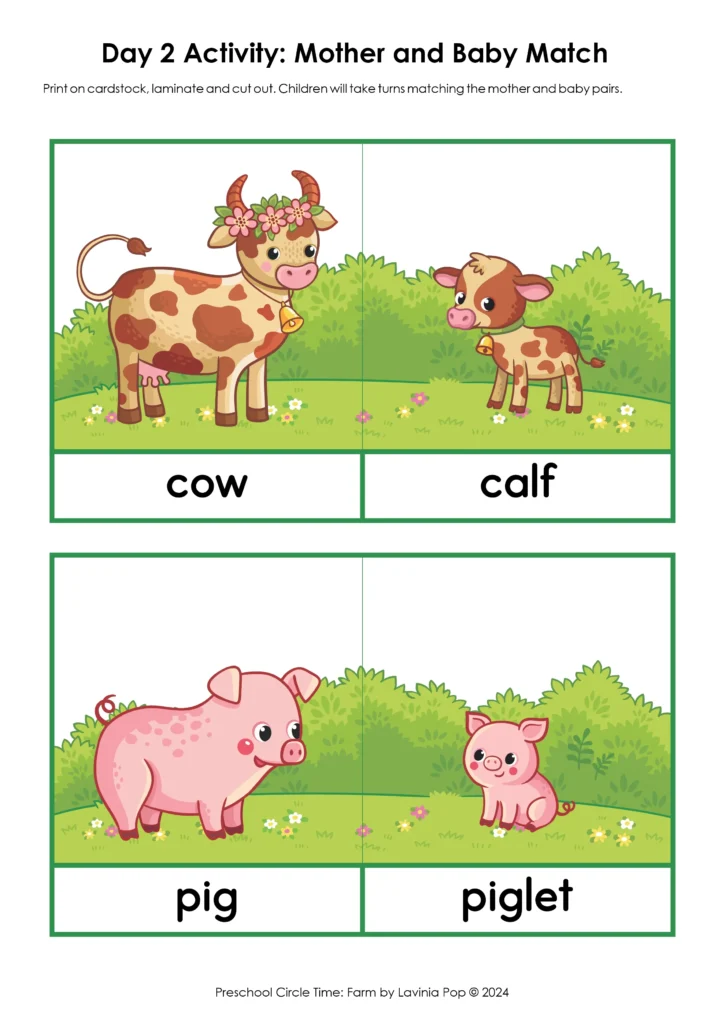 Farm Preschool Circle Time Printables and Activities | Mother and Baby Matching