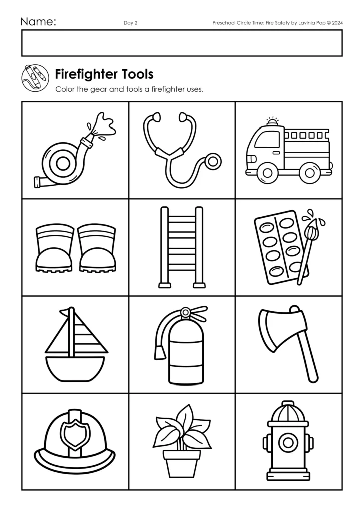 Preschool fire safety worksheet for identifying firefighter tools with coloring activity for community helpers theme.