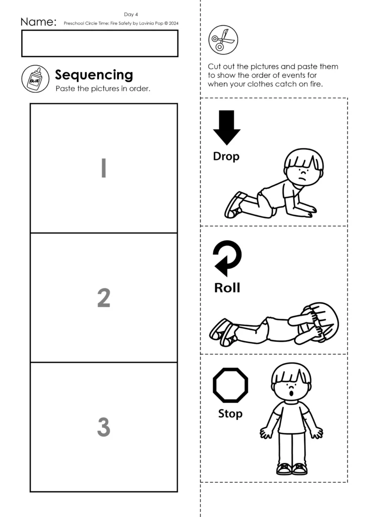 Preschool fire safety sequencing worksheet to order the steps of stop, drop, and roll with cut and paste activity.