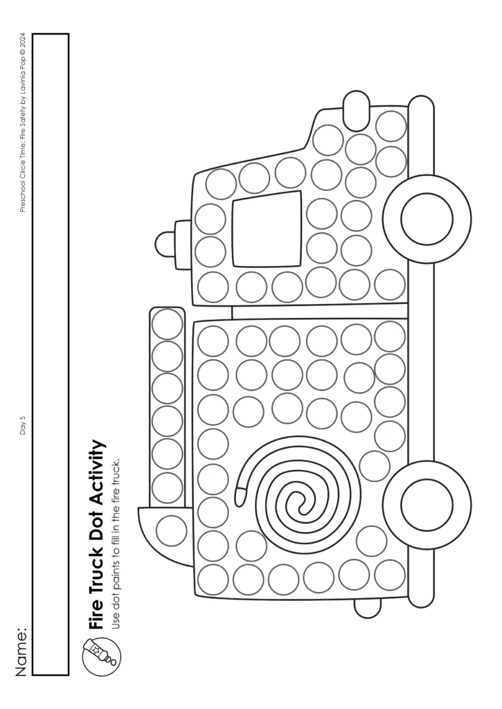 Fire safety preschool dot marker worksheet with fire truck coloring activity for fire prevention week and circle time lessons.