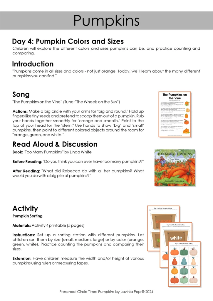 Pumpkin colors and sizes preschool circle time lesson plan with introduction, song, read aloud book Too Many Pumpkins, discussion prompts, and sorting activity