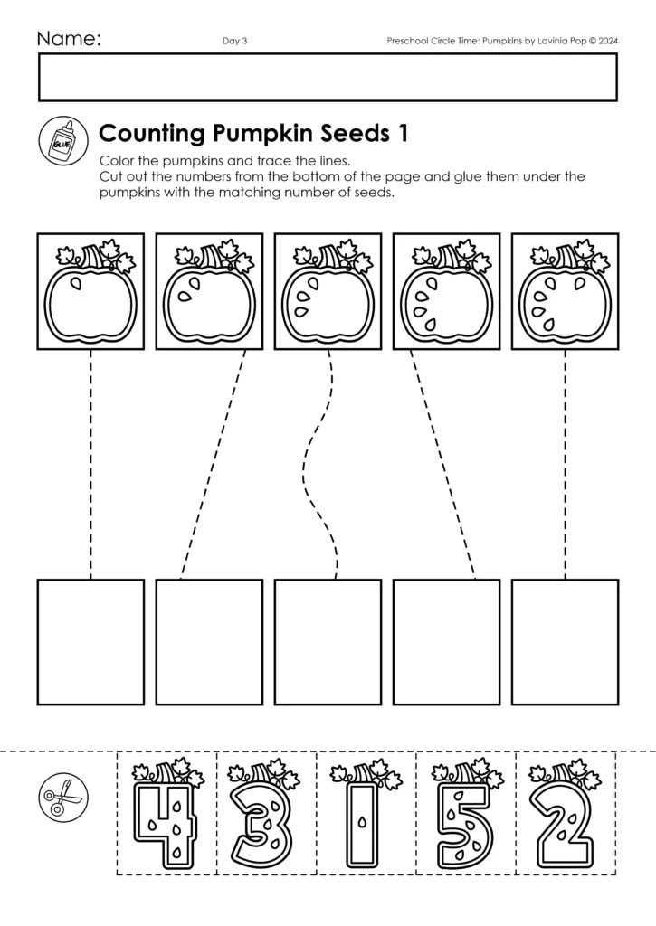 Pumpkin seed counting worksheet for preschool with cut and paste numbers to match seeds on pumpkins, designed for circle time and fall math activities