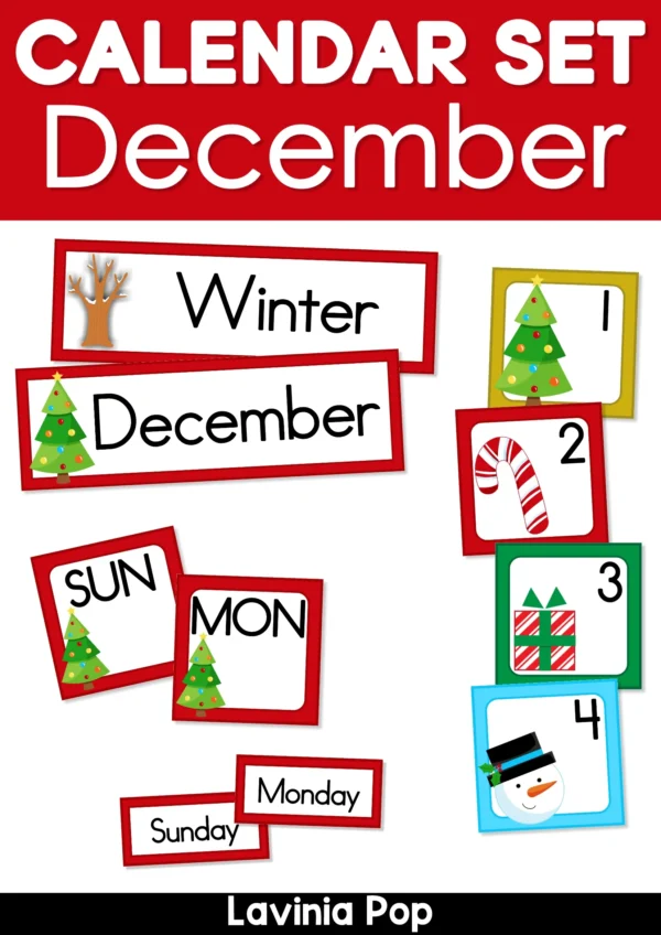 December Calendar Time Cards Pocket Chart | Number Cards, Days of the Week, Season