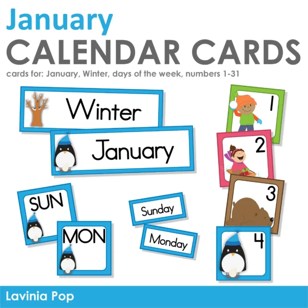 January Calendar Time Cards Pocket Chart | Number Cards, Days of the Week, Season