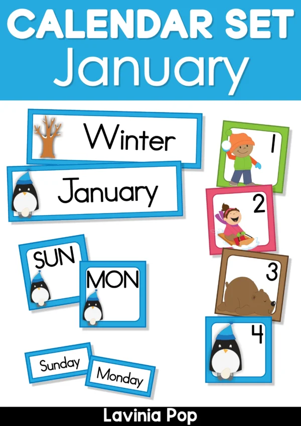 January Calendar Time Cards Pocket Chart | Number Cards, Days of the Week, Season