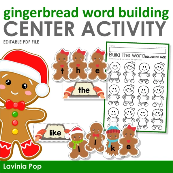 Christmas Gingerbread Man Boy Girl Sight Word Literacy Center | Printable Spelling Activity | Editable PDF. File