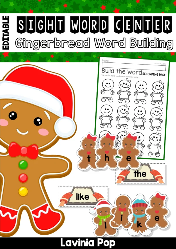 Christmas Gingerbread Man Boy Girl Sight Word Literacy Center | Printable Spelling Activity | Editable PDF. File