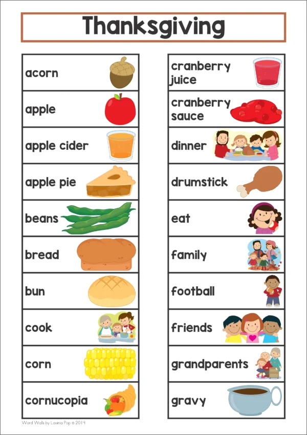 Thanksgiving Word Wall packet for learning new vocabulary | Writing Centers