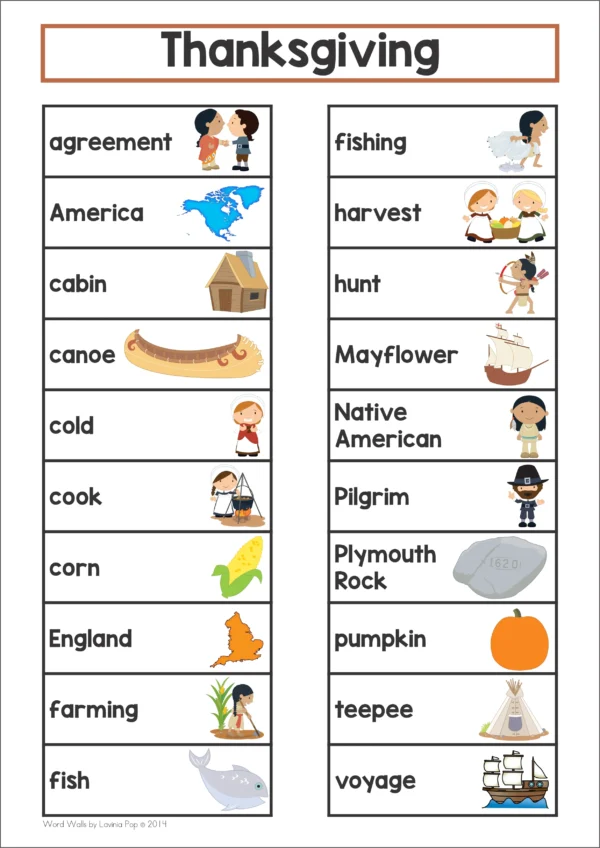 Thanksgiving Word Wall packet for learning new vocabulary | Writing Centers