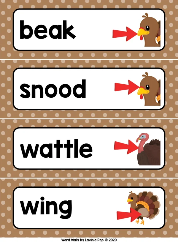 Turkeys Word Wall packet for learning new vocabulary | Writing Centers