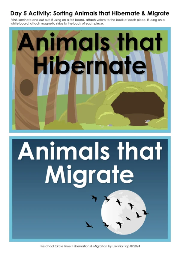 Hibernation and Migration Preschool Unit | Circle Time Printables and Activities | Sorting Animals that Hibernate and Migrate