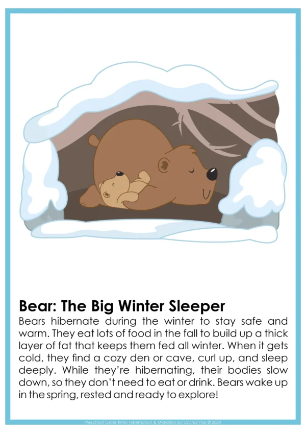 Hibernation and Migration Preschool Unit | Circle Time Printables and Activities | Informational Text: Bears