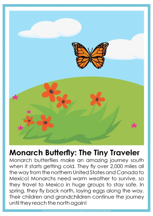 Hibernation and Migration Preschool Unit | Circle Time Printables and Activities | Informational Text: Monarch Butterflies