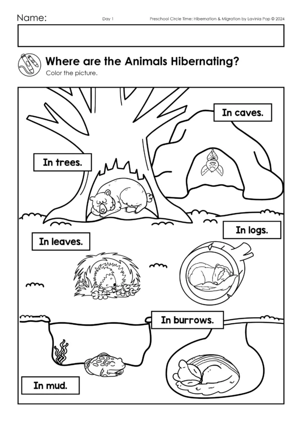 Hibernation and Migration Preschool Unit | Circle Time Printables and Activities | Coloring Page: Animals Hibernating in Burrows, Mud, Caves, Trees, Logs, Leaves