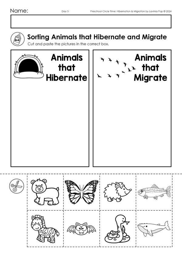 Hibernation and Migration Preschool Unit | Circle Time Printables and Activities | Sorting Animals that Hibernate and Migrate