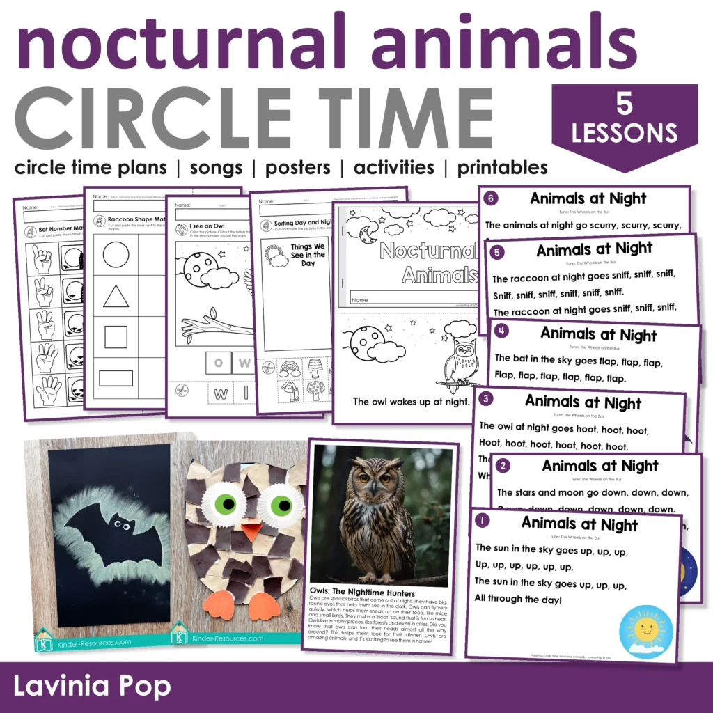 Nocturnal Animals Circle Time pack with worksheets, Animals at Night song cards, owl and bat crafts, and owl fact poster for preschool and kindergarten.