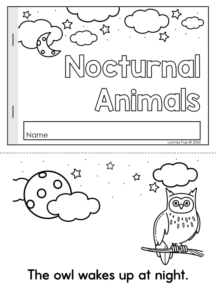 Printable nocturnal animals emergent reader booklet with coloring pages and simple sentences for preschool literacy and science centers.