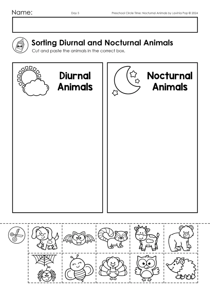 Sorting Diurnal and Nocturnal Animals cut and paste worksheet with daytime and nighttime categories and cartoon animal pictures.