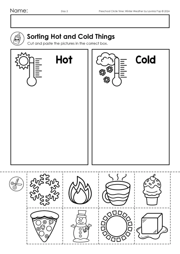 Winter Weather Preschool Unit | Circle Time Printables and Activities | Sorting Hot and Cold