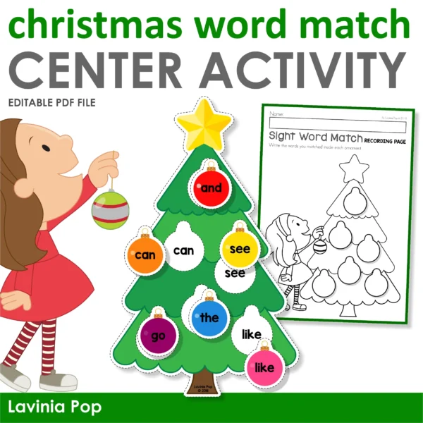 Christmas Tree Ornaments Sight Word Literacy Center | Printable Matching Activity | Editable PDF. File