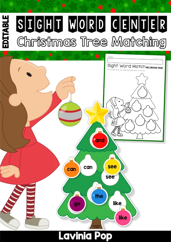 Christmas Tree Ornaments Sight Word Literacy Center | Printable Matching Activity | Editable PDF. File