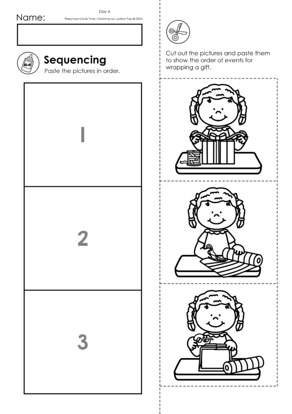 Christmas Preschool Unit | Circle Time Printables and Activities | How to Wrap a Gift Sequencing