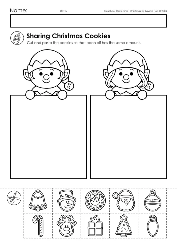 Christmas Preschool Unit | Circle Time Printables and Activities | Sharing Christmas Cookies Worksheet