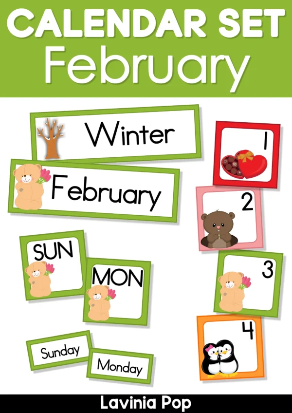 February Calendar Time Cards Pocket Chart | Number Cards, Days of the Week, Season