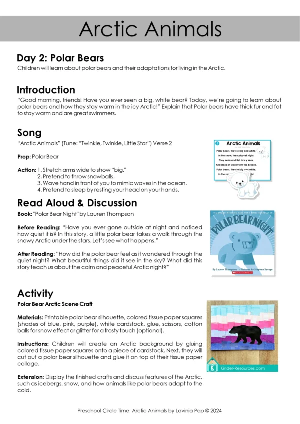 Arctic Animals Preschool Unit | Circle Time Printables and Activities | Day 2 Plan: Polar Bears