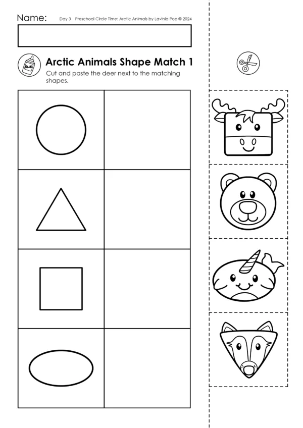 Arctic Animals Preschool Unit | Circle Time Printables and Activities | Shape Matching Worksheet