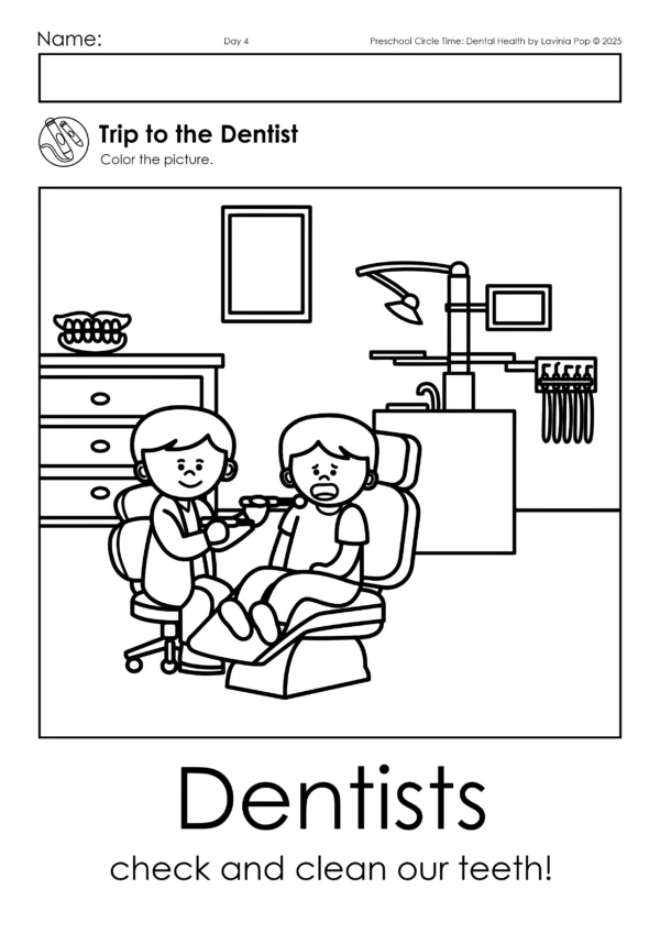 Dental Health Preschool Unit | Circle Time Printables and Activities | Trip to the Dentist Coloring Page