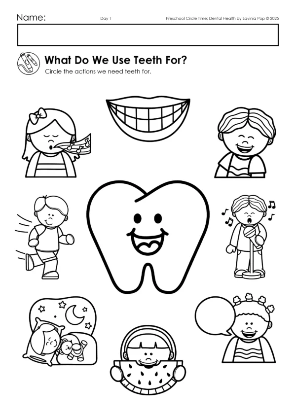 Dental Health Preschool Unit | Circle Time Printables and Activities | What do we use our teeth for? worksheet