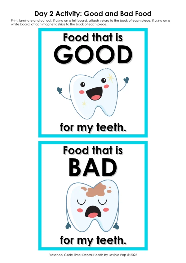 Dental Health Preschool Unit | Circle Time Printables and Activities | Food that is Good and Bad for My Teeth Activity