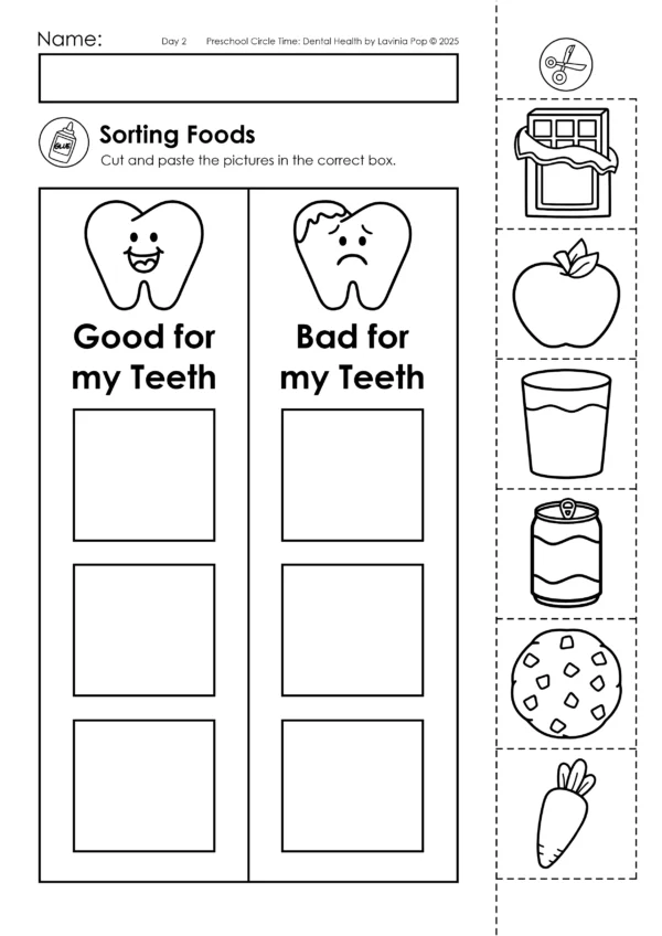 Dental Health Preschool Unit | Circle Time Printables and Activities | Sorting Food that is Good and Bad for My Teeth