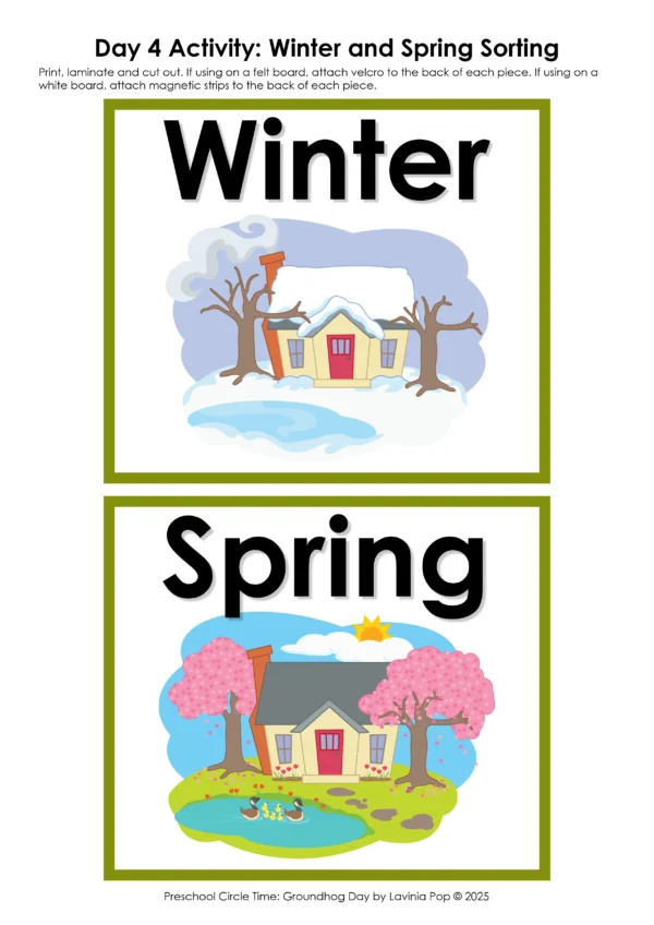 Groundhog Day Preschool Unit | Circle Time Printables and Activities | Winter and Spring Sorting Activity