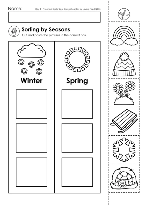 Groundhog Day Preschool Unit | Circle Time Printables and Activities | Winter and Spring Sorting Worksheet