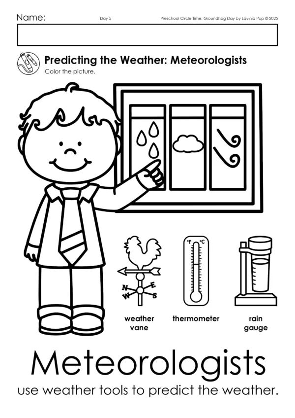 Groundhog Day Preschool Unit | Circle Time Printables and Activities | Predicting the Weather: Meteorologists