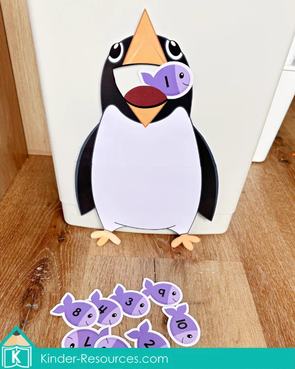 Penguins Preschool Unit | Circle Time Printables and Activities | Feed the Penguin Fish in Numerical Order