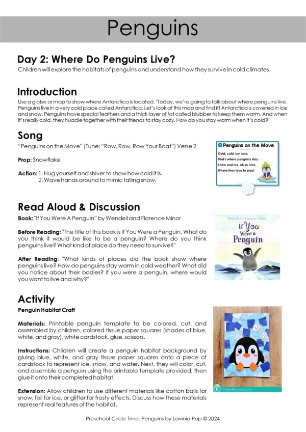 Penguins Preschool Unit | Circle Time Printables and Activities | Day 2 Plan: Where do Penguins Live?