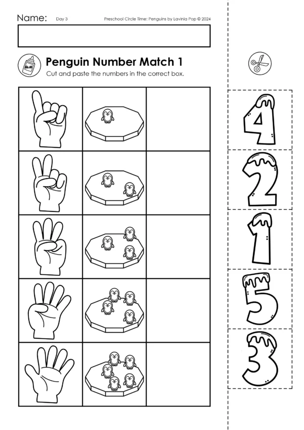 Penguins Preschool Unit | Circle Time Printables and Activities | Count and Match Penguin Worksheet