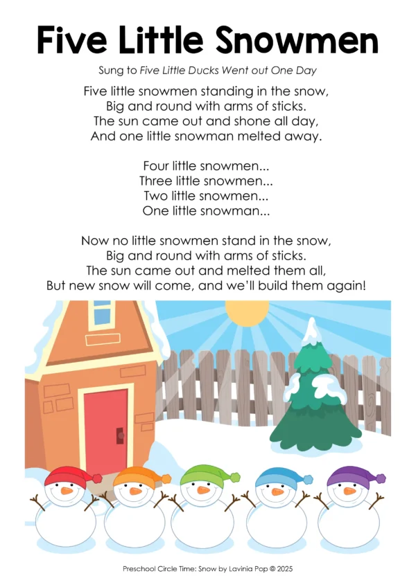 Snow Winter Preschool Unit | Circle Time Printables and Activities | Five Little Snowmen Song