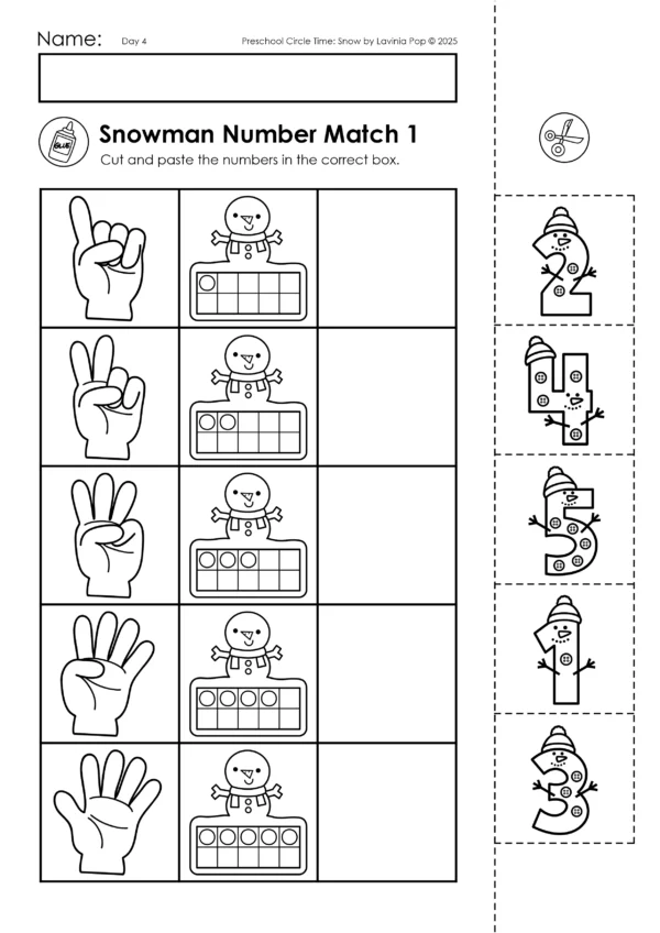 Snow Winter Preschool Unit | Circle Time Printables and Activities | Snowman Number Match Worksheet