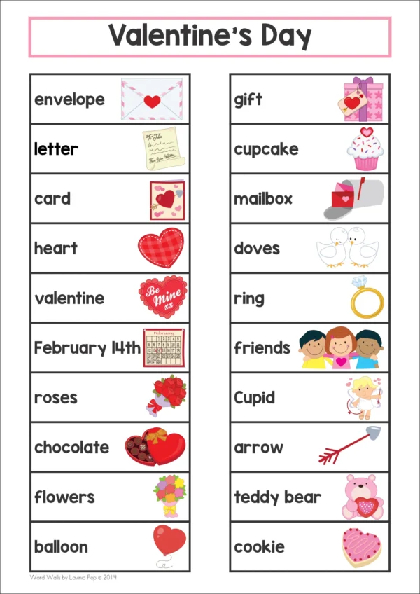 Valentine's Day Word Wall packet for learning new vocabulary | Writing Centers