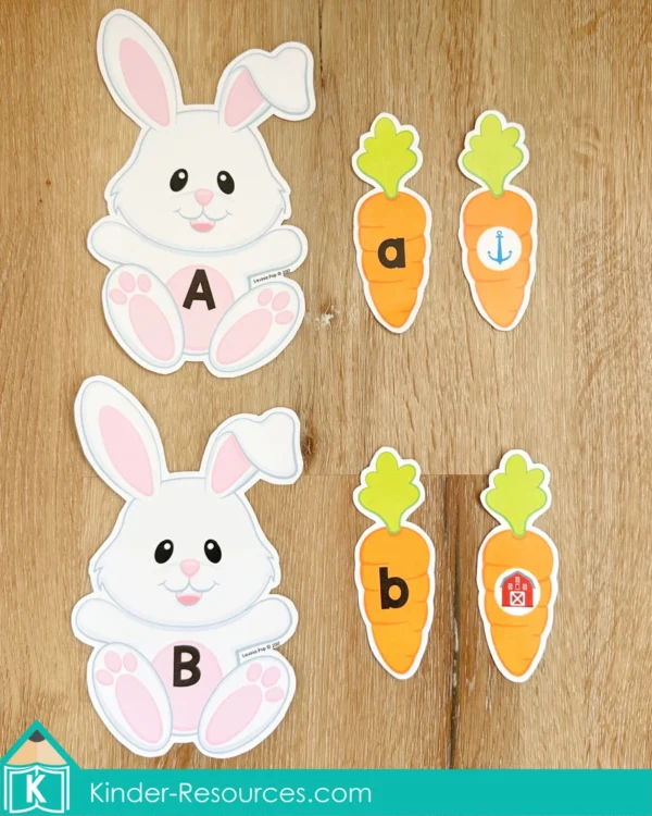 Pet Bunny | Easter Preschool Center | Alphabet and Beginning Sounds Printable Activity | Cute Rabbit and Carrot Match