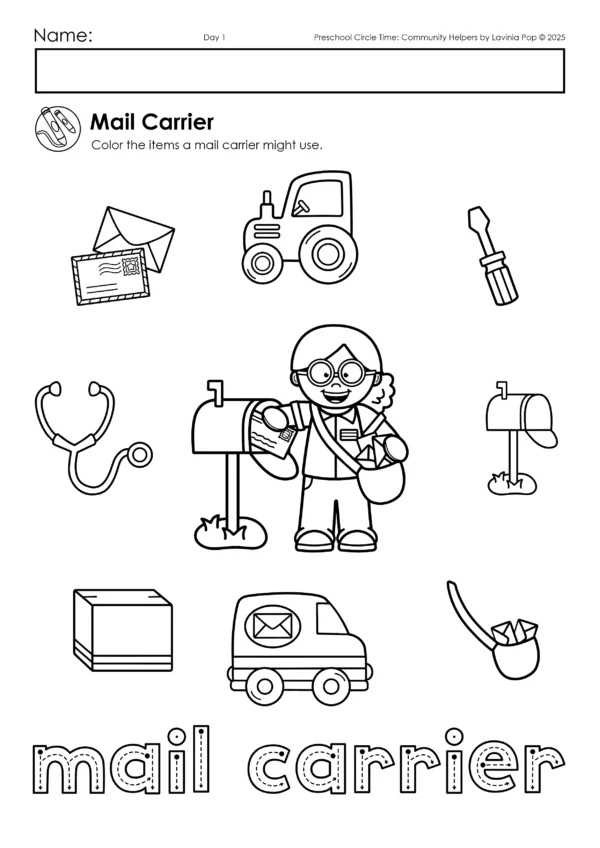 Community Helpers Preschool Unit | Circle Time Printables and Activities | Mail Carrier Tools Worksheet