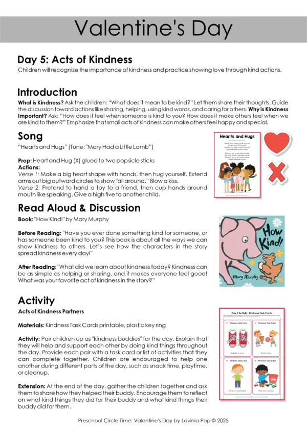 Valentine's Day Preschool Unit | Circle Time Printables and Activities | Friendship & Kindness | Day 5 Lesson Plan: Acts of Kindness